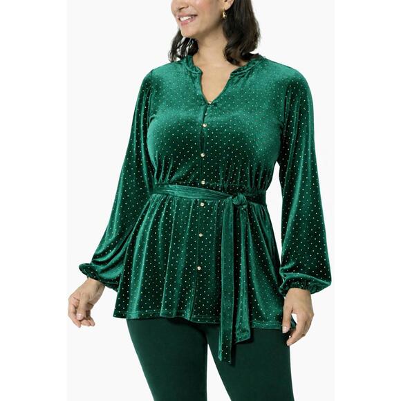 Colleen Lopez Tops - Colleen Lopez Green Velvet Studded Belted Peplum Blouse Size Medium